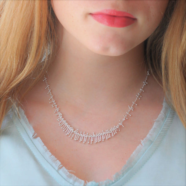 Feather Chain Bib Necklace in Silver