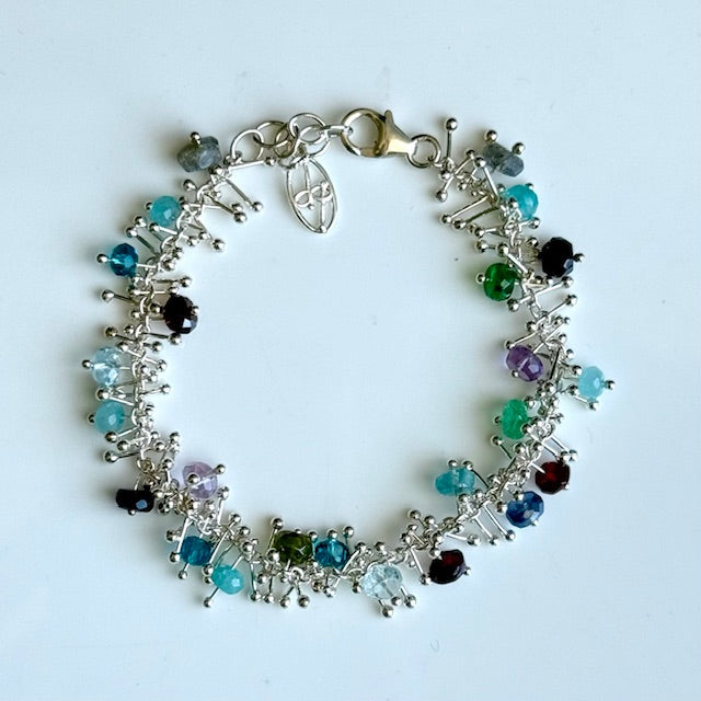 Delicate Feather Bracelet in Silver: Multi-Gem