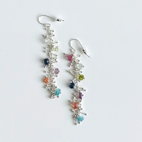 Delicate Feather Earrings in Silver: Multi-Gem