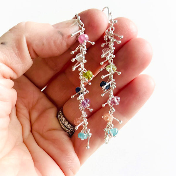 Delicate Feather Earrings in Silver: Multi-Gem