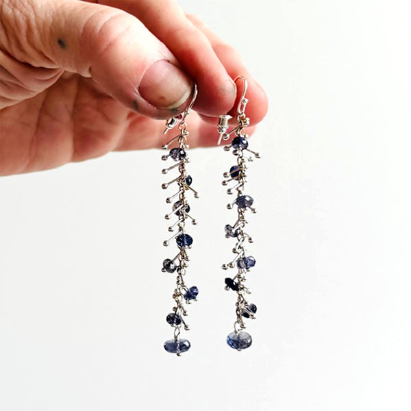 Delicate Feather Earrings in Silver: Iolite