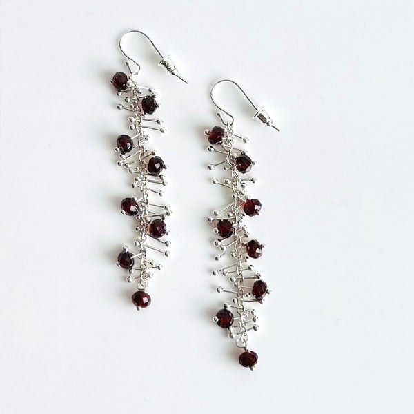 Delicate Feather Earrings in Silver: Garnet
