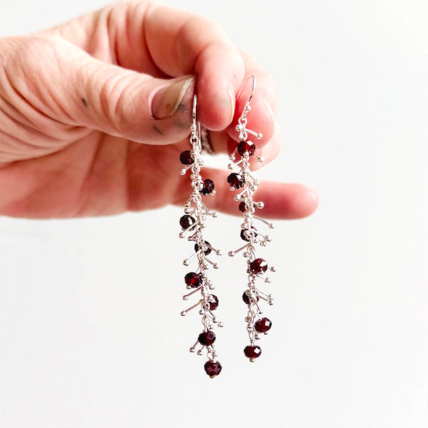 Delicate Feather Earrings in Silver: Garnet