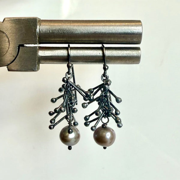 Patina Feather Chain Earrings with Black Pearl