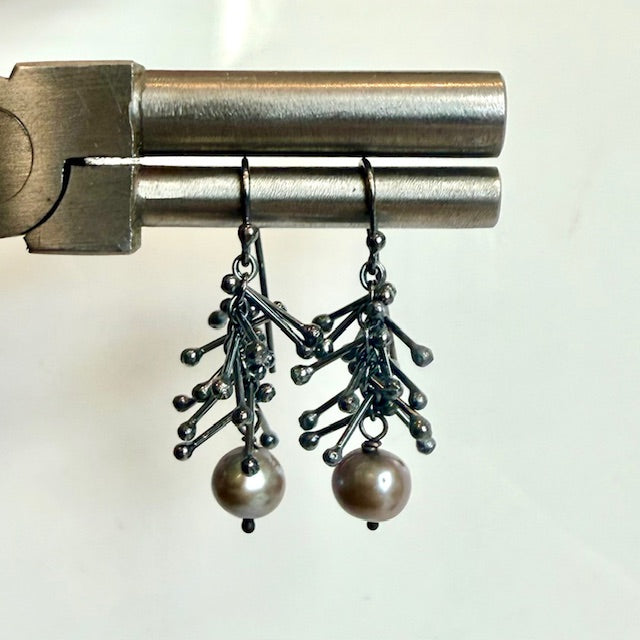 Patina Feather Chain Earrings with Black Pearl