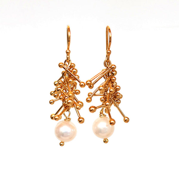 Feather Chain Earrings with Pearl in Gold