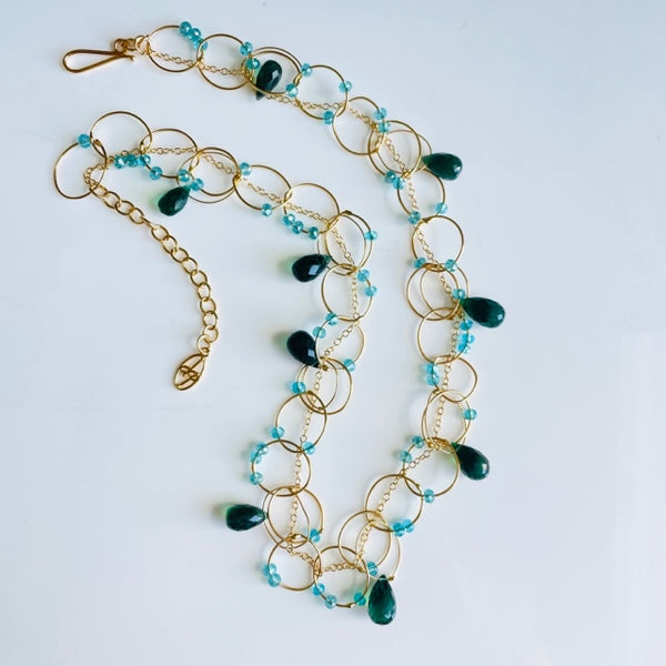 OXOXO Necklace in Gold: Aqua & Green Garnet Briolette