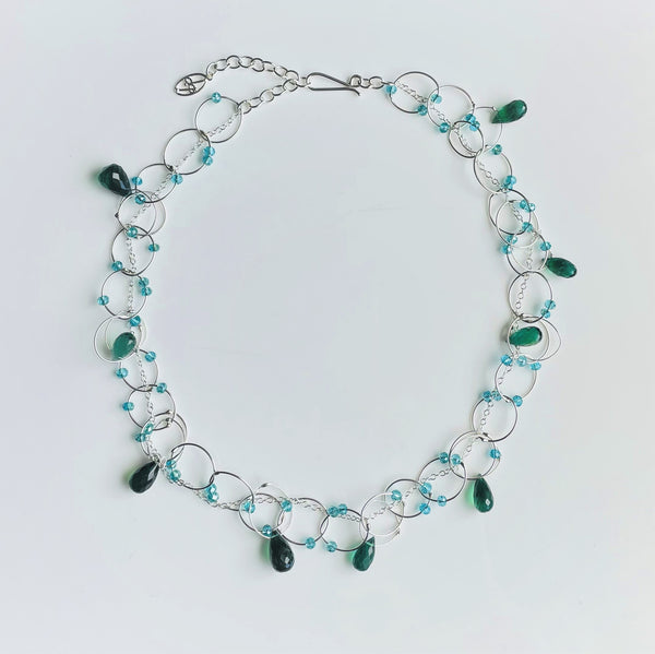 OXOXO Necklace in Silver: Aqua & Green Garnet Briolette