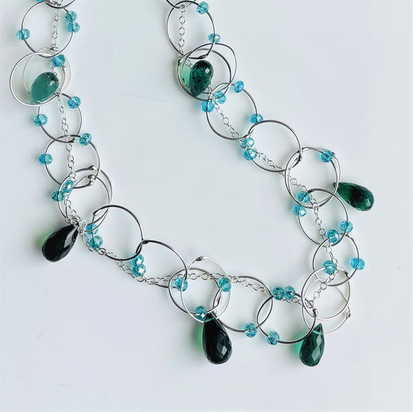 OXOXO Necklace in Silver: Aqua & Green Garnet Briolette